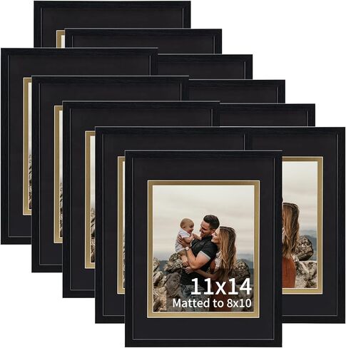 Rempry 8x10 Black Picture Frame, Display Picture 5x7 with Black and Gold Double Mat or 8x10 Without Mat, Tabletop and Wall Mounting Photo Frames, 11 Pack in Saudi Arabia