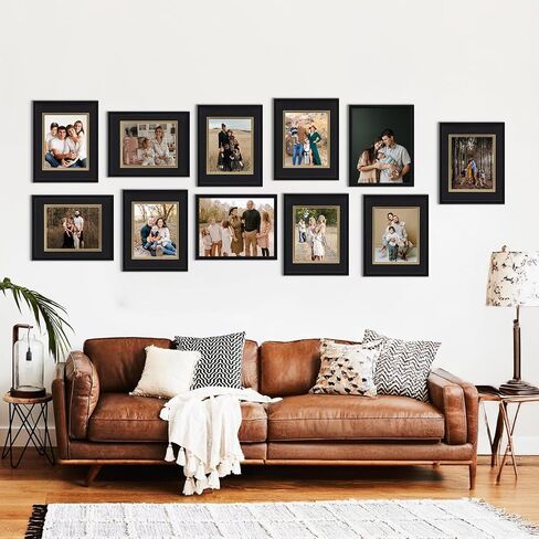 Rempry 8x10 Black Picture Frame, Display Picture 5x7 with Black and Gold Double Mat or 8x10 Without Mat, Tabletop and Wall Mounting Photo Frames, 11 Pack in Saudi Arabia