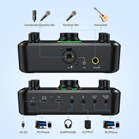 خلاط صوت بلوتوث، واجهة صوت USB قابلة لإعادة الشحن مع ميكروفون XLR، خط Hi-Z، تحكم فردي، 24 بت/96 كيلو هرتز، طاقة فانتوم 48 فولت، خلاط كمبيوتر شخصي لتسجيل البث الصوتي للألعاب in Saudi Arabia