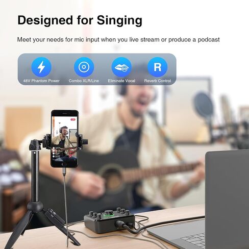خلاط صوت بلوتوث، واجهة صوت USB قابلة لإعادة الشحن مع ميكروفون XLR، خط Hi-Z، تحكم فردي، 24 بت/96 كيلو هرتز، طاقة فانتوم 48 فولت، خلاط كمبيوتر شخصي لتسجيل البث الصوتي للألعاب in Saudi Arabia