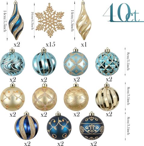 Valery Madelyn Christmas Tree Decorations Set, 40ct White and Gold Shatterproof Christmas Ball Ornaments Bulk, Hanging Ornaments for Christmas Trees Xmas Holiday Decor in Saudi Arabia