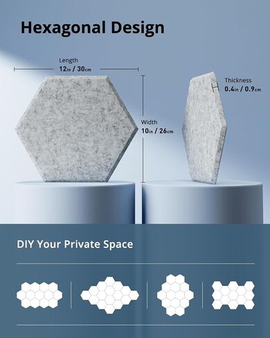 Hexagon Acoustic Panels, Kuchoow Soundproof Wall Panels Self-Adhesive, 12 Pack High Density Sound Absorbing Panels, 12"X10"X0.4" Acoustic Treatment for Recording Studio Office Home, Gray in Saudi Arabia