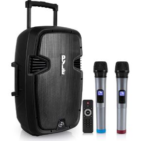 Pyle Karaoke Portable PA Speaker System - 1600W Active Powered Bluetooth Compatible Speaker, Rechargeable Battery, Easy Carry Wheels, USB MP3 RCA, FM Radio, 2 UHF Microphone, Remote - Pyle