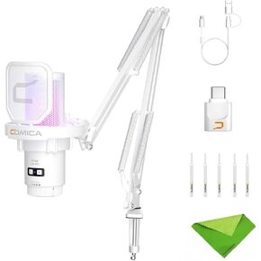 comica EJoy Uni Pro (A)-Wireless White Microphone for Computer and Smartphone,48Khz/24Bit RGB Cardioid Condenser Gaming Mic for Podcasting,Streaming,Recording,Music Creation,with Boom Arm Stand