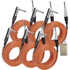 Fat Toad Guitar Cables (6 Pack) Right Angled Instrument Cord 20FT 1/4 Quarter Inch Straight-End 20 GA Wires
