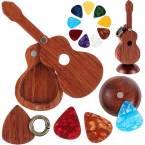 Wooden Guitar Pick Holder Set Guitar Pick Box Case Guitar Picks Guitar Keychain and Necklace Classical Home Decor Car Mirror Decor Music Gifts Hanging Guitar for Music Instrument Bass Gift