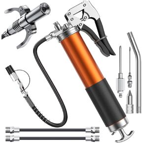 Grease Gun Kit, 8000 PSI Heavy Duty Grease Gun with Lock Coupler, 18" Spring Flex Hose, 14oz Load, 2 Standard Hose, Grease Injector, Needle, Coupler, Sharp Nozzle, Rigid Pipe (Blue)