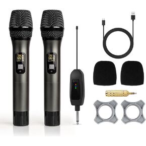 Wireless Microphone UHF Metal Dual Handheld Mic with Rechargeable Receiver 200ft Range, Microphone for Singing, Karaoke, Church, Speech, Wedding, Party Singing(grey x2)