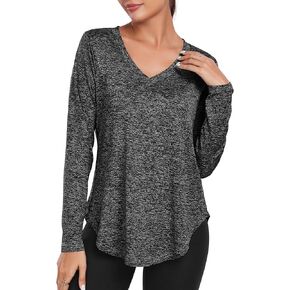 Women Long Sleeve Workout Shirt, V-Neck Exercise T-Shirt Sun Shirts UPF 50+, Dry Fit Yoga Gym Sport Tops Black