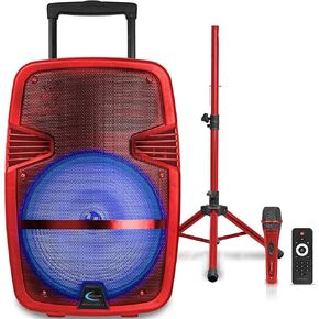 Technical Pro 15" Portable Rechargeable Battery Powered 3000 Watts Pro DJ Bluetooth LED Loudspeaker Package with Tripod Stand, Microphone, Remote Control, Bluetooth, USB, Micro SD, FM Radio, AUX (Red)
