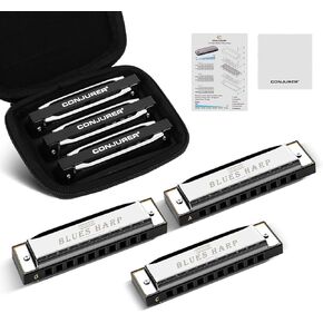CONJURER Blues Harmonica Set of 7 Key, 10 Hole Diatonic Harmonica Set for Kids Beginners Mouth Organ Metal Blues Harp 7 Pack with Case, Silver
