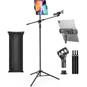 Boom Mic Stand, Microphone Stand Floor with Tablet Phone Holder, Heavy Duty Mic Stand Tripod Adjustable Height and Angle 35-65 Inch With Portable Mic Stand Bag for Singing Karaoke Stage