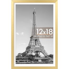 upsimples 12x18 Picture Frame, Display Pictures 11x17 with Mat or 12x18 Without Mat, Wall Hanging Photo Frame, Gold, 1 Pack