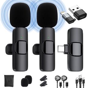 Wireless Lavalier Microphone for iPhone/Android Phone/Laptop, Plug-Play Clip on Lapel Mic with Auto Noise Reduction for Video Recording, Live Broadcast, Interview, TikTok, YouTube (2 Mics)