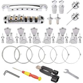 Guitar Roller Saddle Tune-O-Matic Guitar Bridge and Tailpiece for LP Electric Guitar, with 3L3R String Tuning Pegs, 6PCS Guitar Strings, 2PCS Strap Buckle,String Winder 3 IN 1 (Silver)