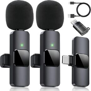 2 Pack Type C Mini Wireless Lavalier Microphone for iPhone 15, iOS and Android, for VideoLiveShows Interviews Vlogs,Tiktok YouTube Vlogs, Black,a Adapter Includes