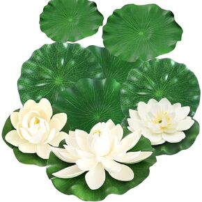 9pcs Floating Foam Lotus Flowers with Artificial Lotus Leaves, Artificial Pond Plants Ornaments for Pool Aquarium Water Decoration, Colorful