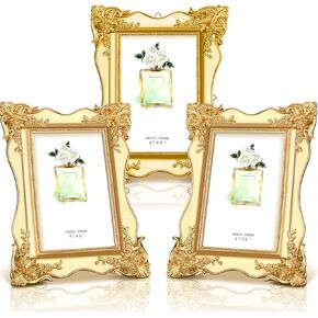 3 Pcs 4x6 Inch Vintage Picture Frame Trim Antique Ornate Resin Photo Frame with Easel and Hook for Tabletop Wall Art Decor Display Home Office(Gold,White,Pink)