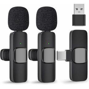 Wireless Lavalier Microphone Set of 2 – Podcast Microphone with Included Adapters, USB C Charging Cable – Lapel Microphone Wireless Ideal for Vlogging Kit, Studio Mic Portable Microphone