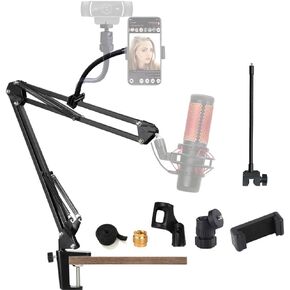 Microphone Boom Arm, [2-in-1] Desk Mic Scissor Arm Stand for Blue Yeti Snowball HyperX QuadCast Etc, Extra Gooseneck Webcam Phone Holder for All Cellphones Logitech Webcam C920 C930 C922 Etc.