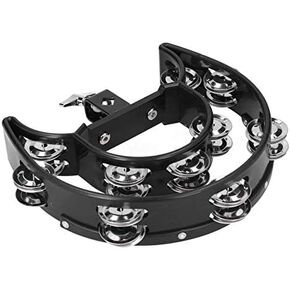 Hand Held Double Row Tambourine, Metal Jingles Half Moon Hi Hat Tambourine with Mounting Bracket for Drummers Guitarists