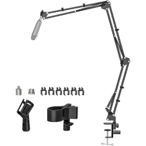 Microphone Stand Mic Boom Arm for Yeti QuadCast SM7B M58 Q2U K669B and Other Mic, Overhead Mic Clip Holder with Cable Management Includes 1/4" 3/8" 5/8" Adapter