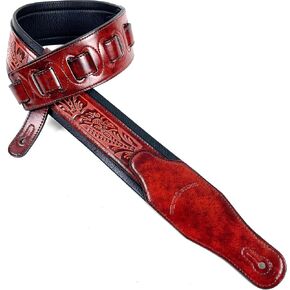 Walker & Williams GB-106 Bourbon Red Brushed Finish Guitar Strap With Padded Glove Leather Back And Classic Live Oak Pattern For Acoustic, Electric, And Bass Guitars