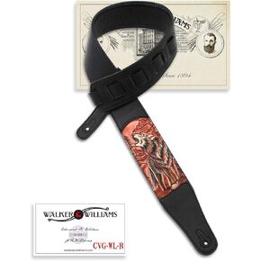 Walker & Williams CVG-WL-R Hand Carved Brick Red & Brown Howling Timber Wolf On Black Leather Guitar Strap For Acoustic, Electric, And Bass Guitars