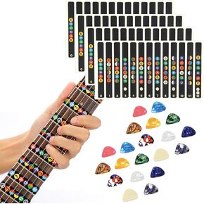 4 Sheets Guitar Fretboard Stickers, Color Coded Note Decals Frets Map, Guitar Learning Tools Set, Guitar Practice Fretboard Tabs, Guitar Notes for Beginner Learner with 20PCS Guitar Picks