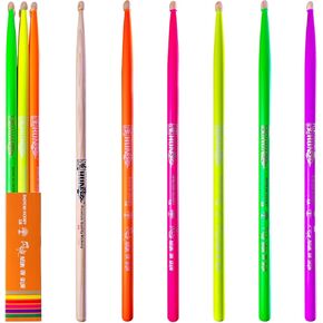 6-sticks(Assorted),HUN Neon UV Glow Drum Stick, 5A Drum Stick, Hickory Drum Stick, for Acoustic or Electronic Drum, wood drumstick glow under black light on stage,not a plastic stick glow in dark.