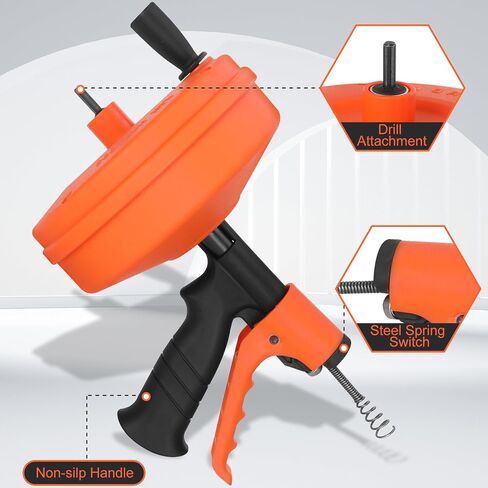 50 Foot Drain Auger,Use Manually or Drill Powered,Heavy Duty Flexible Plumbing Snake,With Gloves and Storage Bag,for Kitchen Sink in Saudi Arabia
