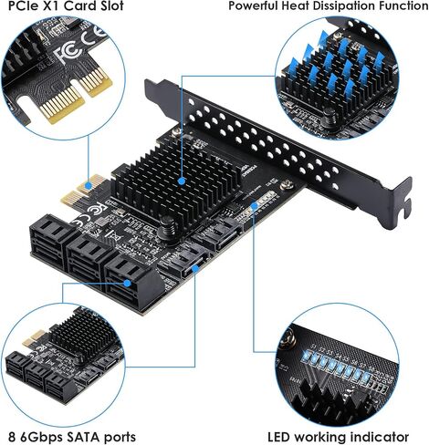 PCIE SATA 6 Gbit/s PCIE Expansion Card, 6-Port PCIE 1X SATA Card, SATA Controller, PCI-E 3.0 GEN3 ASM1166 chipset - with 6 SATA Cables and Flat Bracket in Saudi Arabia