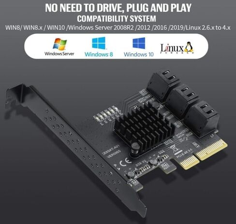 PCIE SATA 6 Gbit/s PCIE Expansion Card, 6-Port PCIE 1X SATA Card, SATA Controller, PCI-E 3.0 GEN3 ASM1166 chipset - with 6 SATA Cables and Flat Bracket in Kuwait