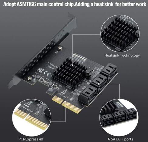 PCIE SATA 6 Gbit/s PCIE Expansion Card, 6-Port PCIE 1X SATA Card, SATA Controller, PCI-E 3.0 GEN3 ASM1166 chipset - with 6 SATA Cables and Flat Bracket in Kuwait