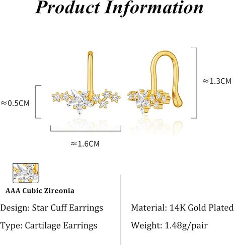 NECOCY Star 14K Gold Plated Ear Cuff Earrings for Women Non Piercing, Dainty Silver Plated Clip on Cartilage Ear Cuff Non Pierced Trendy CZ Northstar Starburst Sparkling Climber Clawer Earring Jewelry in Kuwait