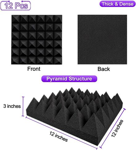 TroyStudio Thick Acoustic Foam Panels, 12 X 12 X 3 Inch 12 Pcs Broadband Sound Absorbing Foam, Dense Soundproof Padding Tile, Recording Studio Foam Absorber, Pyramid Decorative 3D Wall Ceiling Panel in Kuwait
