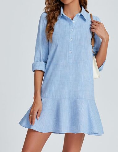 Women's Tunic Mini Shirt Dress Cotton Long Sleeve Ruffle Hem Dress Button Up Shift Chambray Dresses in Saudi Arabia