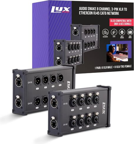 LyxPro 8-Channel Dual Input 3-Pin Multi-Network XLR/TRS Cable Breakout for Stage Sound, Lighting, and Recording Studio Male and Female to RJ45 Ethercon – Ideal for Sound, Lighting Setup, Ground Lift in Kuwait
