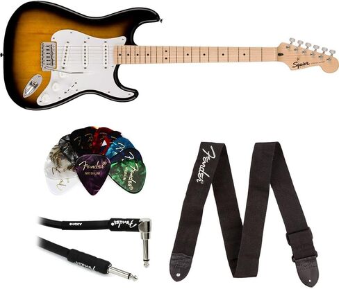 جيتار كهربائي Squier Sonic Stratocaster بلونين، لوحة أصابع من خشب القيقب، حزمة Pickguard بيضاء مع حزام جيتار بشعار Fender أسود، حزمة من 12 قطعة من السيليلويد، وكابل للآلات in Saudi Arabia