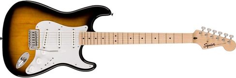 جيتار كهربائي Squier Sonic Stratocaster بلونين، لوحة أصابع من خشب القيقب، حزمة Pickguard بيضاء مع حزام جيتار بشعار Fender أسود، حزمة من 12 قطعة من السيليلويد، وكابل للآلات in Saudi Arabia