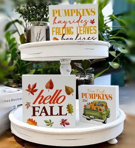 3 Pcs Fall Tiered Tray Decor Hello Fall Sign Home Decorations Autumn Theme 3 Pcs Wood Decorative Signs for Table Desk Shelf Wall in Saudi Arabia
