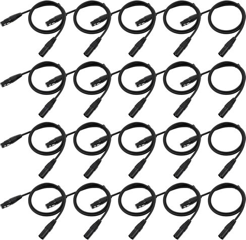 Xuhal 20 قطعة 9.84 قدم كابل DMX مرن، مطلي بالذهب 3 دبوس إشارة XLR ذكر إلى أنثى سلك كابل DMX، كابلات إشارة مع موصلات معدنية لإضاءة المسرح وأضواء DJ، أسود in Kuwait