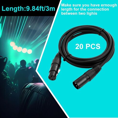 Xuhal 20 قطعة 9.84 قدم كابل DMX مرن، مطلي بالذهب 3 دبوس إشارة XLR ذكر إلى أنثى سلك كابل DMX، كابلات إشارة مع موصلات معدنية لإضاءة المسرح وأضواء DJ، أسود in Kuwait