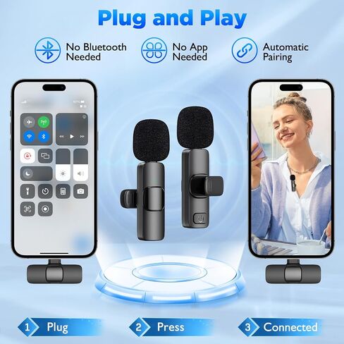 قطعتان من ميكروفون Lavalier اللاسلكي الصغير لأجهزة iPhone (الإضاءة) - ميكروفون ذو طية صدر السترة لتقليل الضوضاء للتسجيل، مشبك على الميكروفون، ميكروفون Omni Lav لتسجيل الفيديو، Tiktok، YouTube، Vlog in Saudi Arabia
