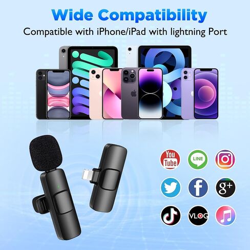 قطعتان من ميكروفون Lavalier اللاسلكي الصغير لأجهزة iPhone (الإضاءة) - ميكروفون ذو طية صدر السترة لتقليل الضوضاء للتسجيل، مشبك على الميكروفون، ميكروفون Omni Lav لتسجيل الفيديو، Tiktok، YouTube، Vlog in Saudi Arabia