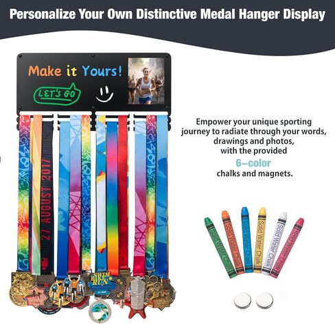 Personalized Running Medal Hanger Display with Chalks and Magnet, Race Medal Holder Wall Hanger with Race Bib Holder, Marathon Race Medal Display in Saudi Arabia