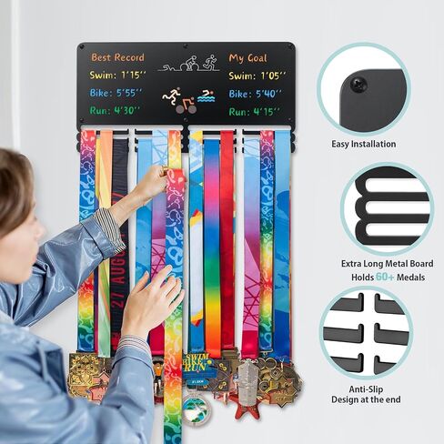 Personalized Running Medal Hanger Display with Chalks and Magnet, Race Medal Holder Wall Hanger with Race Bib Holder, Marathon Race Medal Display in Saudi Arabia
