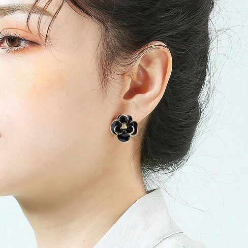 Classic Enamel Camellia Clip Earrings Elegant Flower Hypoallergenic Non Pierced Earrings 925 Silver Stud Earrings for Women Bridal in Saudi Arabia