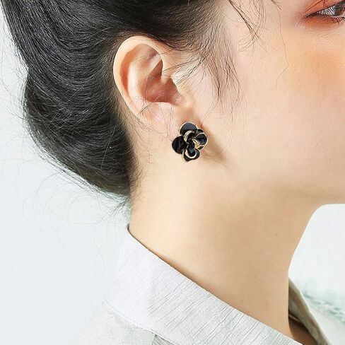 Classic Enamel Camellia Clip Earrings Elegant Flower Hypoallergenic Non Pierced Earrings 925 Silver Stud Earrings for Women Bridal in Saudi Arabia