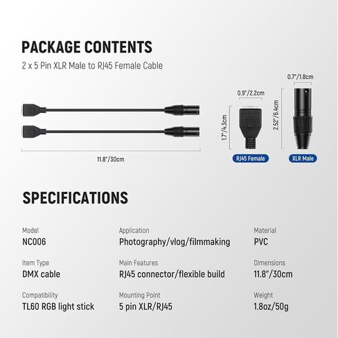 Neewer 3 دبوس DMX XLR أنثى إلى كابل RJ45 أنثى، 2 حزمة RJ45 إلى 3 دبوس XLR محول XLR موصل فقط TL60 RGB أنبوب ضوء العصا وDMX512 وحدة تحكم الإضاءة، 1 قدم / 35 سم، NC008 in Kuwait